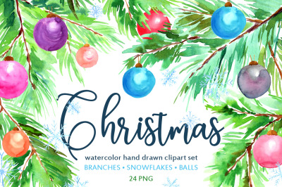 Watercolor Christmas tree branches, snowflakes, toys balls PNG set