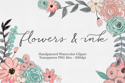 Watercolor & Ink Floral Clipart Set