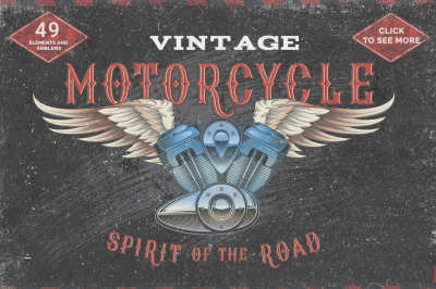 Vintage motorcycle, skulls, labels