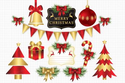 Red and Gold Merry Christmas Clipart / Christmas Graphic Illustrations / Scrapbooking