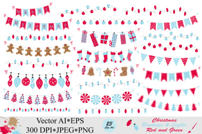  Christmas red and blue bunting banners and string lights clipart - vector