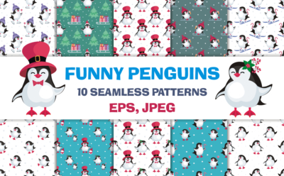 Funny penguins. Christmas seamless patterns