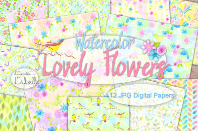 Watercolor Lovely Flowers - digital papers seamless patterns