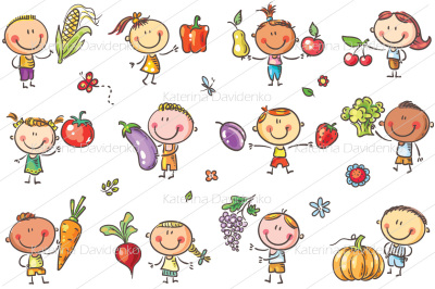Funny Sketchy Kids with Fruits and Vegetables