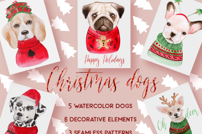 Christmas watercolor dogs