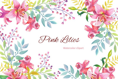 Pink Lilies.Watercolor flower clipart.