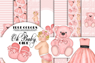 Pink Dreams Baby Girl Paper Pack Fashion Illustration Planner Sticker Supplies Seamless Pink Teddy Bear Baby Shoes Princess Dress Ribbon