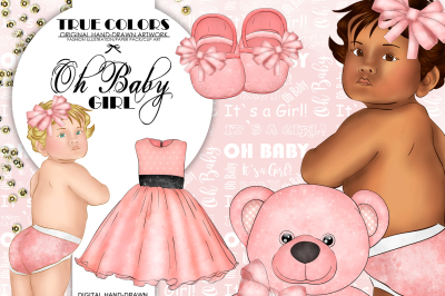 Baby Girl ClipArt Afroamerican Child Fashion Illustration Planner Stickers Supplies Black Beuty Pink Ribbons Soft Pink Dress Teddy Bear DIY
