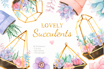 Lovely Succulents Watercolor Clipart