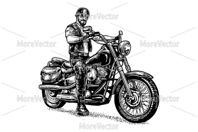 Biker in the motorcycle helmet and glasses riding a classic chopper bike. Vector black engraving 
