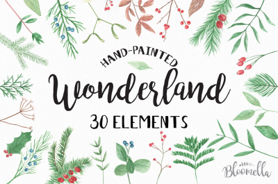 Wonderland Winter Watercolor Christmas Holidays Clipart Elements Hand Painted PNG 30 Files