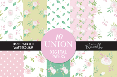 Union Blooms Watercolor Digital Papers Seamless Patterns Pink White Flower Floral