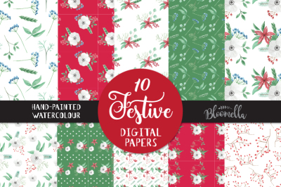 Festive Christmas Seamless Patterns Xmas Digital Papers Floral Flowers PNG Files