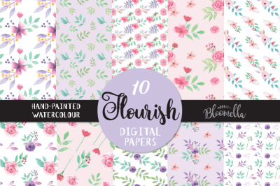 Flourish Lavender Pink Digital Papers Watercolor Flowers Floral Seamless Patterns PNG Files