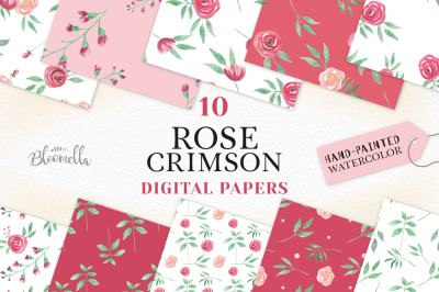Pretty Rose Crimson Watercolor Hand Painted Seamless Digital Papers PNG Files