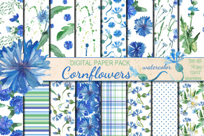 Watercolor Cornflowers seamless patterns