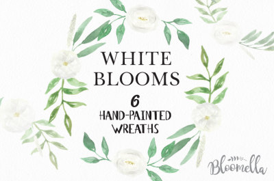 6 Watercolour Wedding White Floral Wreaths Clipart INSTANT DOWNLOAD Green Leaves Hand-painted Blooms Garlands Clip Art PNGs Digital Leaf