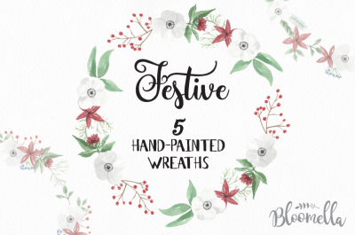 5 Watercolour Festive Wreaths Clipart - Christmas Leaves Hand-painted Garlands Clip Art INSTANT DOWNLOAD PNGs Digital Leaf Jolly Holidays