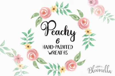 6 Watercolour Peachy Floral Wreaths Clipart INSTANT DOWNLOAD Wedding Leaves Hand-painted Blooms Garlands Pink Yellow Clip Art PNGs Digital