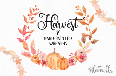 7 Watercolour Pumpkin Fall Wreaths Clipart Autumn Harvest Festival Leaves Hand-painted Garlands Clip Art INSTANT DOWNLOAD PNGs Digital Leaf