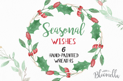 6 Watercolour Seasons Wishes Wreaths Clipart - Christmas Festive Winter Hand-painted Garlands Clip Art INSTANT DOWNLOAD PNGs Merry Holidays