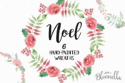 6 Watercolour Noel Wreaths Clipart - Christmas Festive Winter Hand-painted Garlands Clip Art INSTANT DOWNLOAD Holly PNGs Merry Holidays