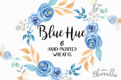 6 Watercolour Blue Hue Floral Wreaths Clipart INSTANT DOWNLOAD Teal Aqua Wedding Leaves Hand-painted Blooms Garlands Clip Art PNGs Digital