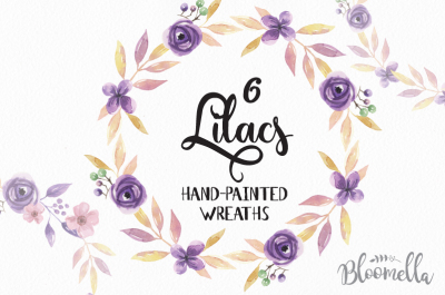 6 Watercolour Floral Clipart - Lilac Wreaths & Arch- Pretty Hand-painted INSTANT DOWNLOAD PNGs Purple Pink Flowers Leaves Digital Garlands