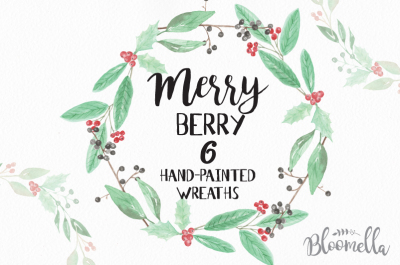 6 Watercolour Merry Berry Wreaths Clipart - Christmas Festive Winter Hand-painted Garlands Clip Art INSTANT DOWNLOAD PNGs Digital Holidays