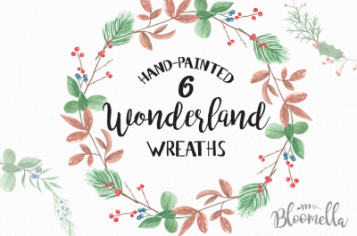 6 Watercolour Wonderland Winter Wreaths Clipart - Christmas Festive Leaves Painted Garlands Clipart INSTANT DOWNLOAD PNGs Digital Holidays