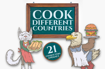 Cook different countries. Animal characters.