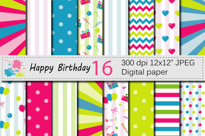 Happy Birthday Digital Papers with balloons and presents / Kids Birthday Party Digital papers