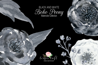 Watercolor Boho Peony Black and White