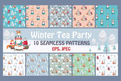 Winter Tea Party. Seamless patterns set.
