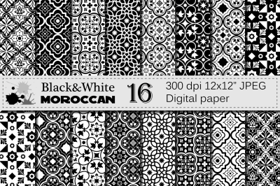 Black and White Moroccan Digital Paper Pack / Ethnic Tribal Black White Geometric Ornamental Digital papers