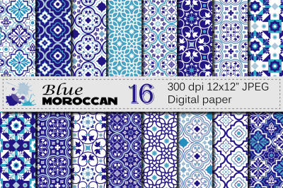 Blue Moroccan Digital Paper Pack / Ethnic Tribal Blue Geometric Ornamental Digital papers