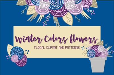 Winter colors flowers. Clip art and patterns set, 