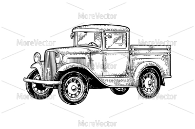 Retro pickup truck. Side view. Vintage black engraving