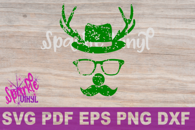 Distressed Grunge Hipster Reindeer Deer Head with Glasses Mustache and round nose Svg DXF Png EPS Pdf Printable and Cut file
