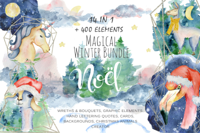 Magical Winter Bundle. Big Watercolor and lettering collection