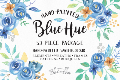 Blue Hue Watercolor Collection Wreaths Elements Patterns Frames Bouquets - 53 Piece Clipart Pack 