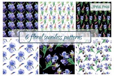Watercolor flower irises and lupins.Patterns.