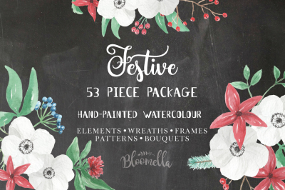Festive Christmas Watercolor Package - 53 Pieces PNG Files Hand Painted Collection Wreaths Elements Patterns Frames Bouquets