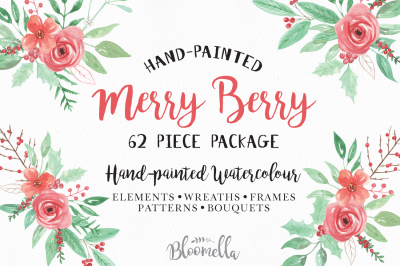 Watercolor Christmas Package - 62 Hand Painted Pieces - Wreaths, Elements, Bouquets, Patterns & Frames, Merry Berry Pack