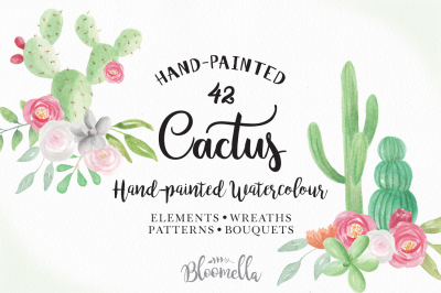 Cactus Package Watercolor Collection - 42 Pieces PNG Files Elements, Wreaths, Patterns & Bouquets Succulents Cacti Kit