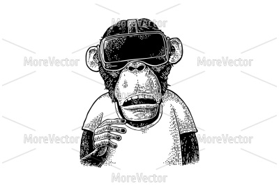 Monkey wearing virtual reality headset. Vintage black engraving