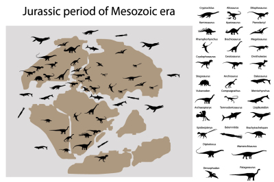 Dinosaurs of jurassic period on map