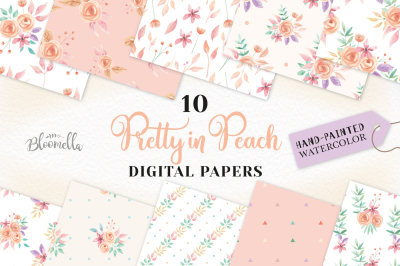 Peach Watercolor Seamless Patterns Digital Papers Hand Painted Flowers