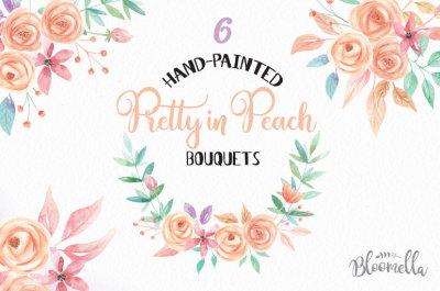 Watercolor Peach Bouquets Hand Painted Pretty Flowers Clipart Leaves 