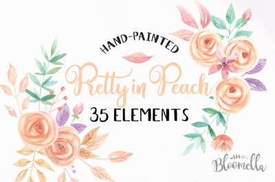 35 Watercolour Peach Spring Summer Clipart Hand Painted Elements Wedding